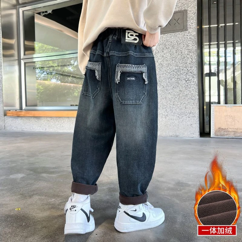 儿童一体绒加厚牛仔裤宽松男孩裤子冬季宝宝8-9岁男童加绒裤洋气