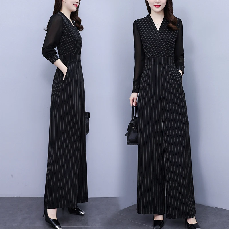 0883长袖条纹连体裤套装女春秋2025年新款气质时尚显瘦阔腿连衣裤