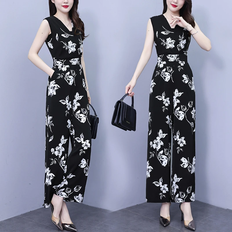 时尚气质小个子无袖显瘦V领连体裤套装女夏女神范九分阔腿连衣裤