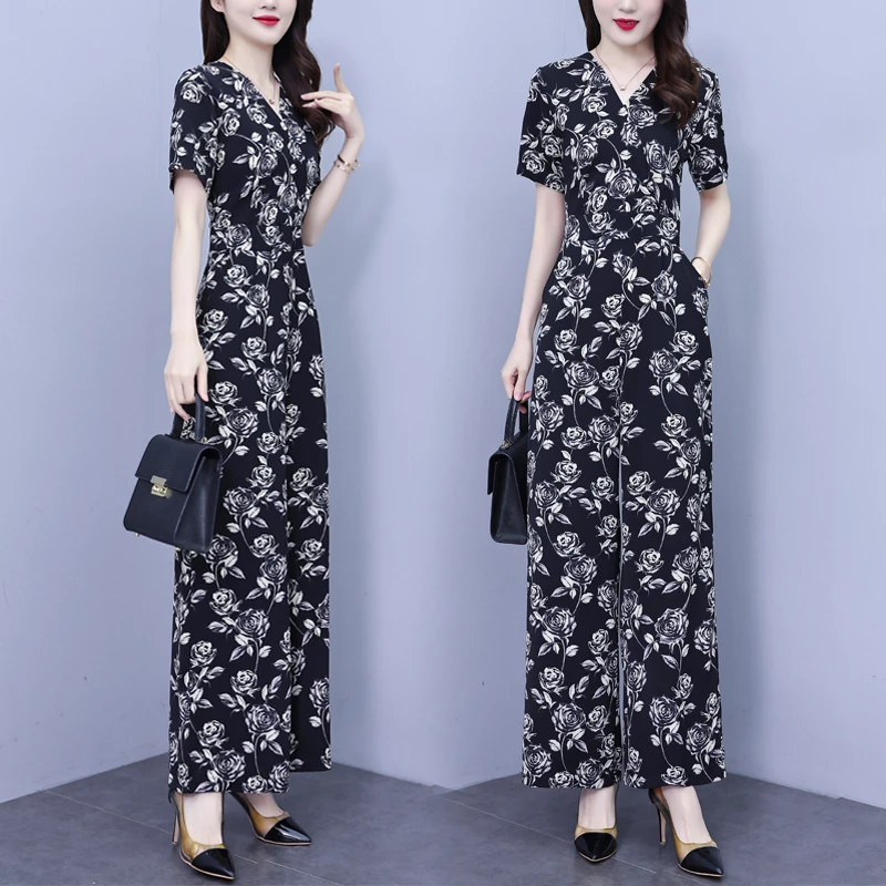 时尚女神范碎花阔腿连体裤套装女夏季2025新款气质显瘦连身连衣裤