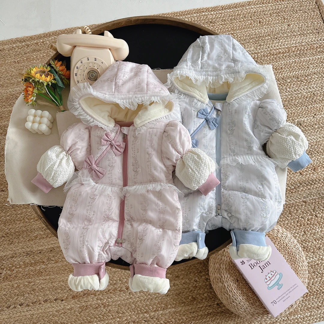 羽绒服欧根纱碎花婴儿宝宝蝴蝶结国风连体羽绒服6523
