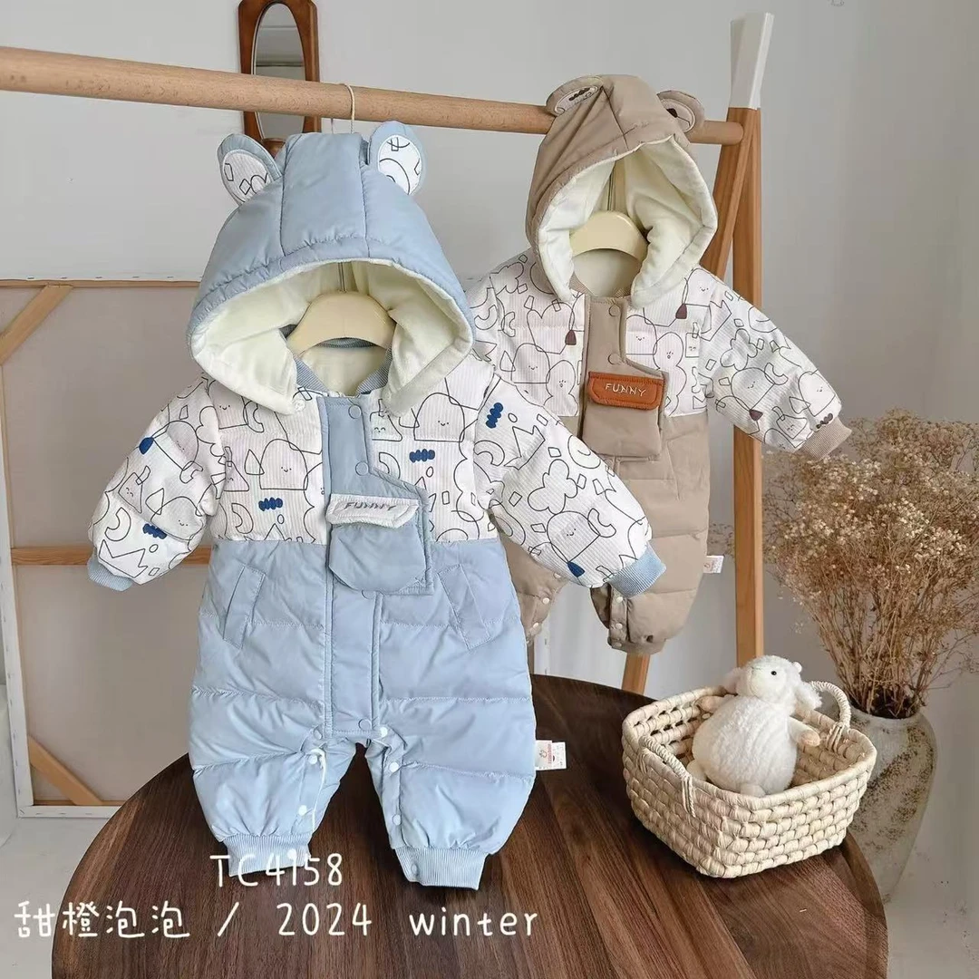 冬款冬季新生儿连体衣外出服门襟口袋几何图形白鸭绒羽绒服4158
