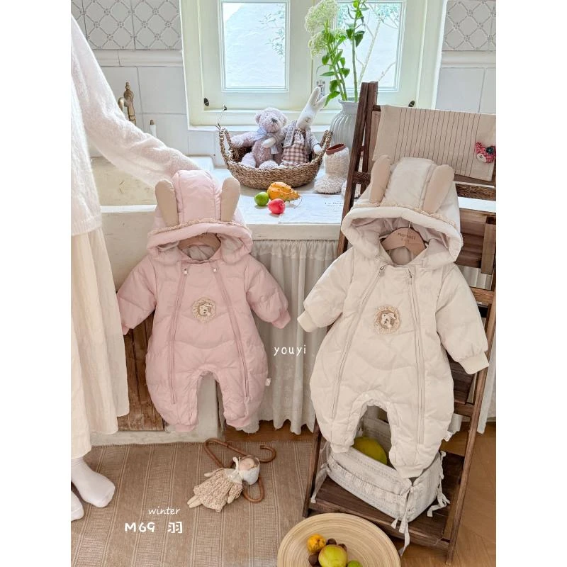 冬季零下加厚婴儿宝宝连帽保暖蕾丝兔双拉链白鸭绒羽绒服2469