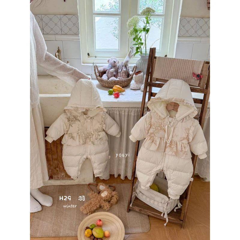 冬季新生儿婴幼儿连体羽绒服国风翠竹珍珠盘扣白鸭绒羽绒服2429