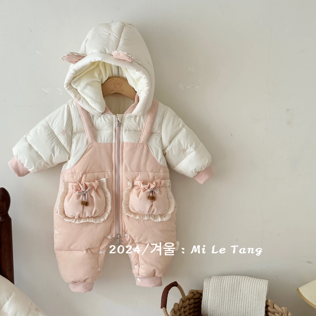 婴儿宝宝连帽连体衣外出服婴幼儿精美口袋灯芯绒白鸭绒羽绒服2470