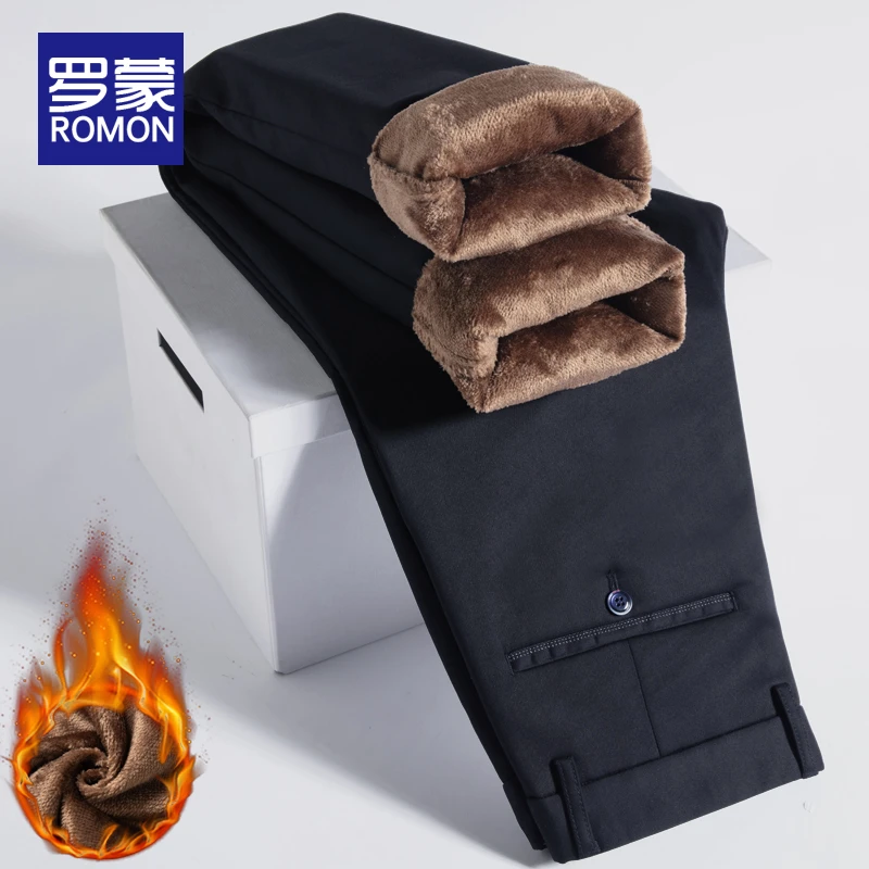 罗蒙男士冬季商务西裤男款秋冬款直筒宽松保暖加绒加厚休闲裤子男
