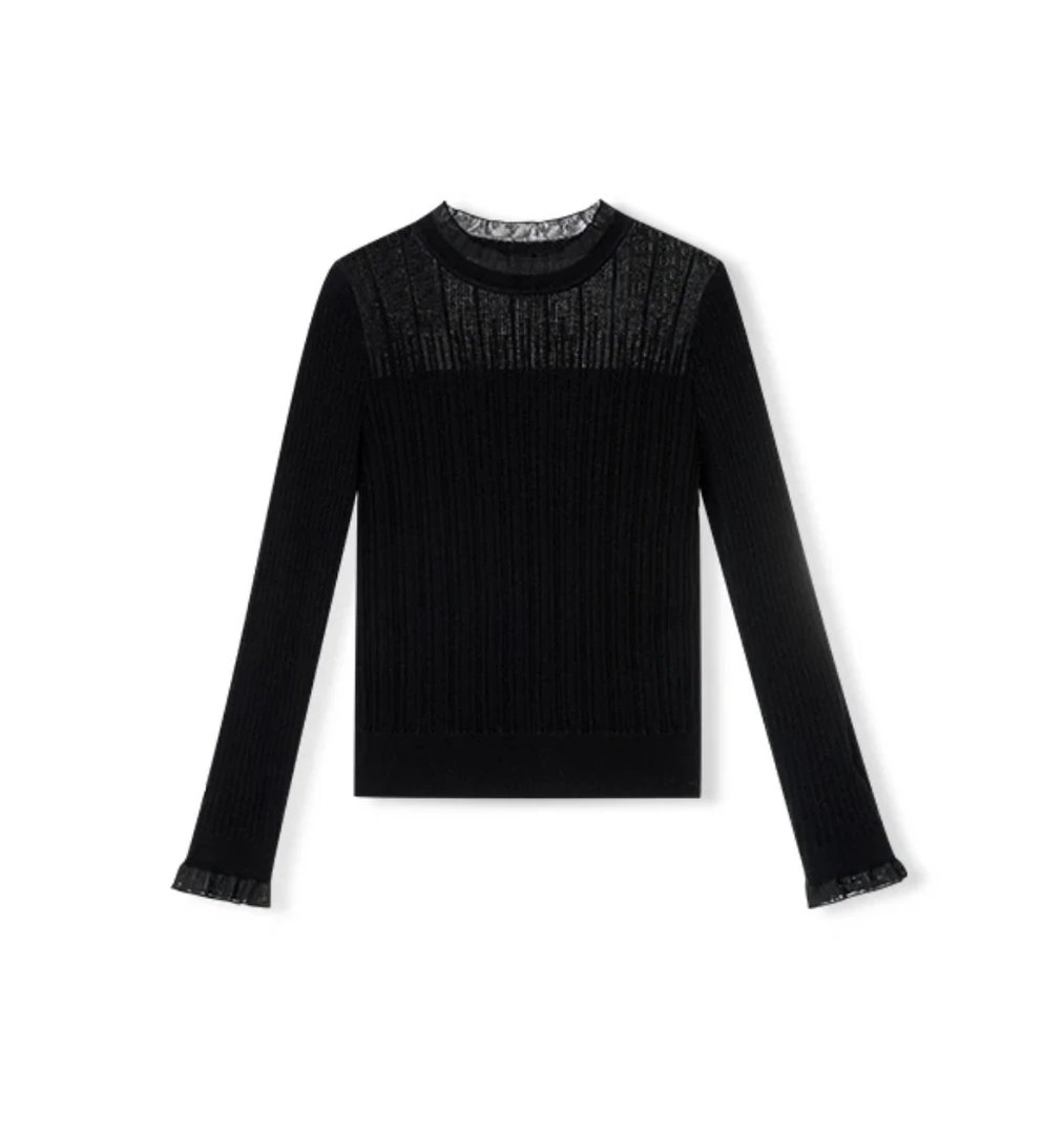 心动【气质蕾丝】百搭打底衫女内搭洋气时尚花边领长袖修身针织衫