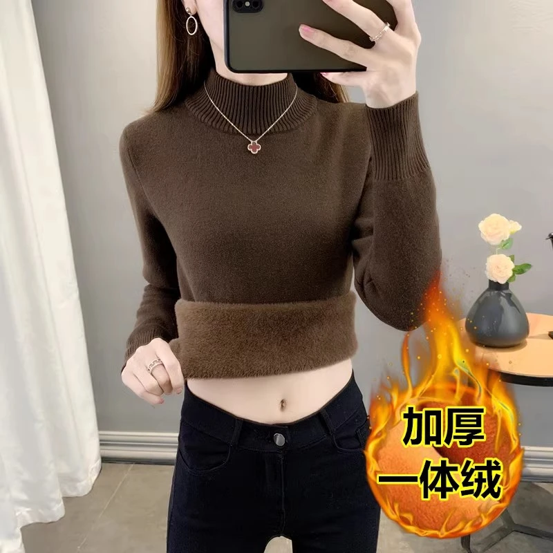 秋冬加绒哺乳毛衣加厚一体绒内搭半高领外出打底针织衫喂奶上衣秋