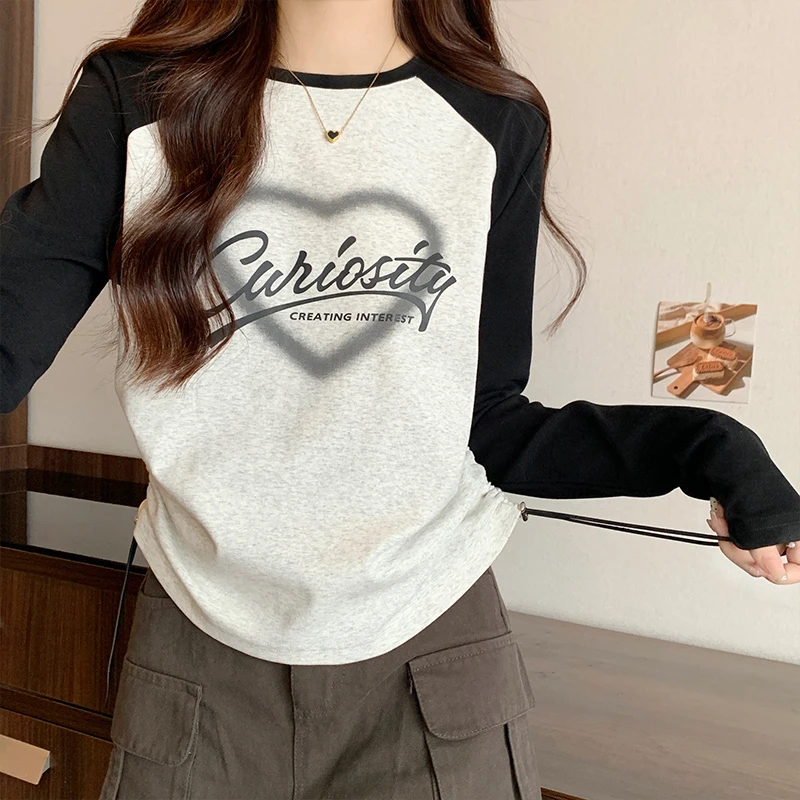 哺乳短款长袖t恤女纯棉设计感撞色插肩抽绳辣妹显瘦外出喂奶上衣