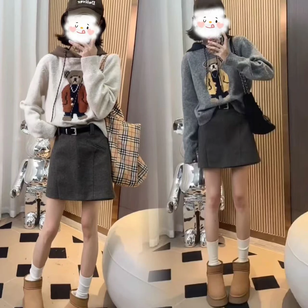 2024秋冬新款时尚减龄学院风针织套头连帽毛衣高腰显瘦不规则短裙