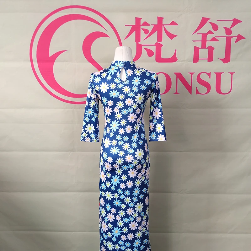 梵舒秋冬新款复古国风花色连衣裙改良版中长款旗袍XS3236蓝天之韵