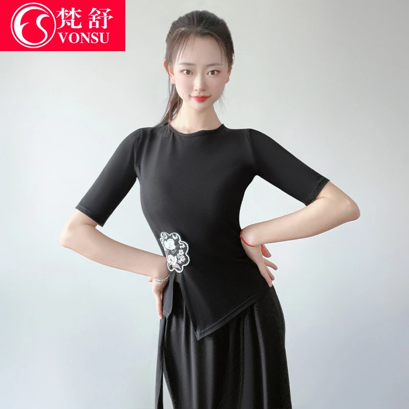 梵舒气质小香风时尚女士黑色中式修身圆领绣花百搭中袖上衣XS3408