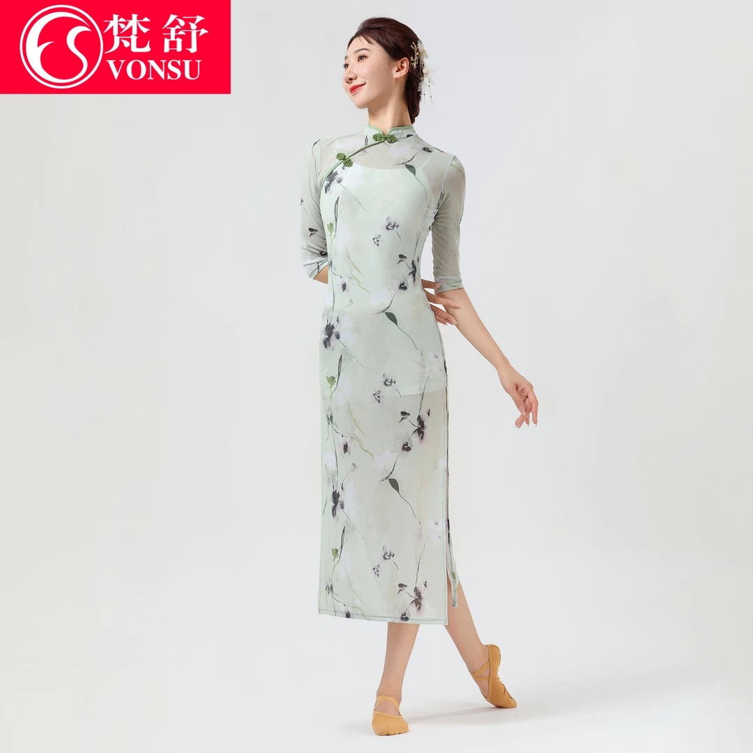 梵舒网纱旗袍裙长款连衣裙优雅时尚裙子新款古典风XS3281浮花恋影