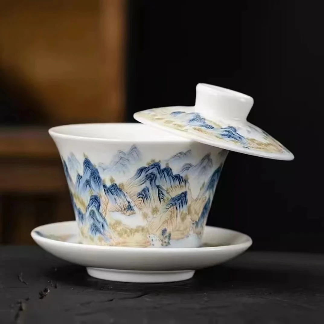 羊脂玉千里江山图盖碗可悬停可旋转功夫茶具陶瓷盖碗单个茶碗F319