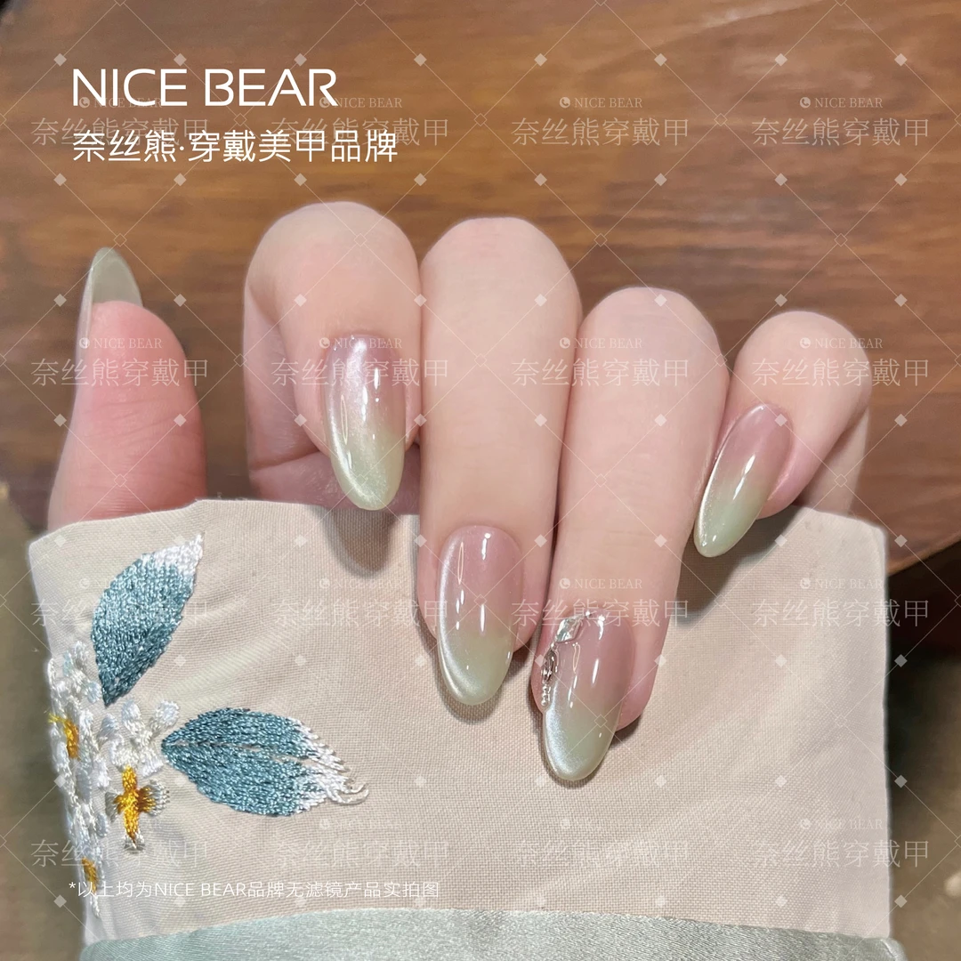 【玉琉璃】巨显白绿色春意优雅猫眼可拆卸纯手工穿戴甲美甲贴片