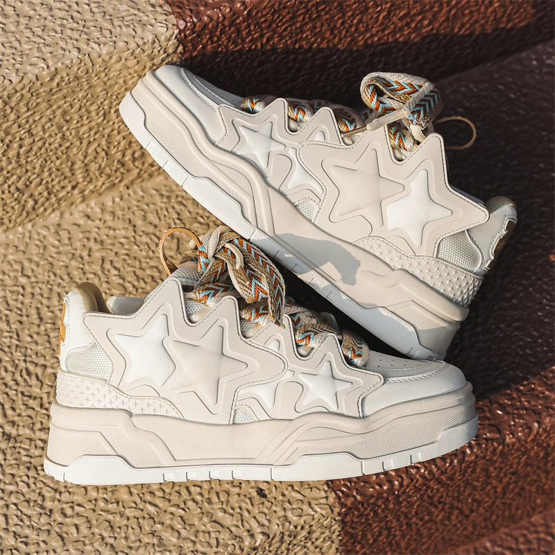 奶油米白星星面包鞋国朝2023新款男女鞋百搭情侣增高厚底鞋潮8812