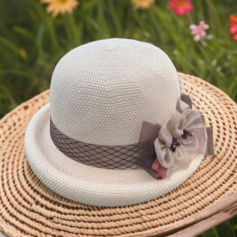 双花朵优雅一年四季可戴新款亚麻小礼帽防晒透气遮阳帽复古半卷帽