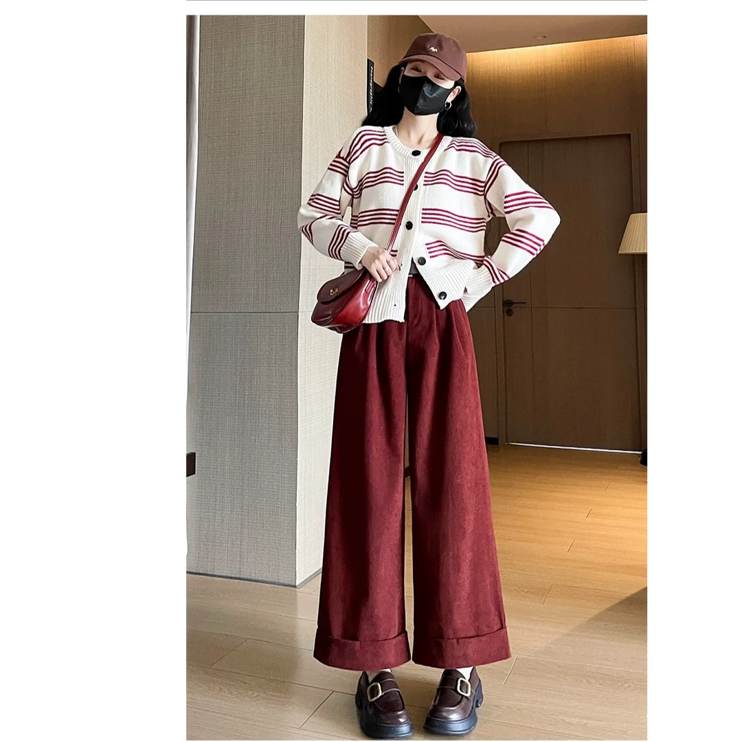 复古灯芯绒阔腿裤女2024秋冬高腰宽松九分休闲裤小个子卷边直筒裤