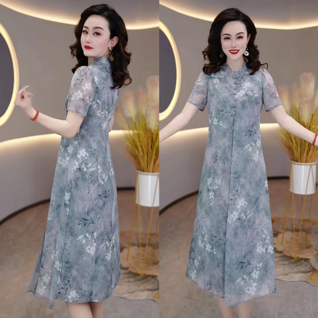 新中式中国风改良旗袍连衣裙中年女装夏季短袖假两件大码遮肉裙子