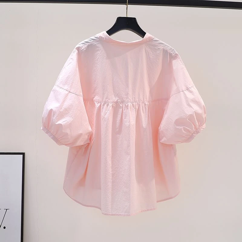 粉红色灯笼袖衬衣女宽松棉衬衫2024夏季设计感百搭休闲上衣小衫潮