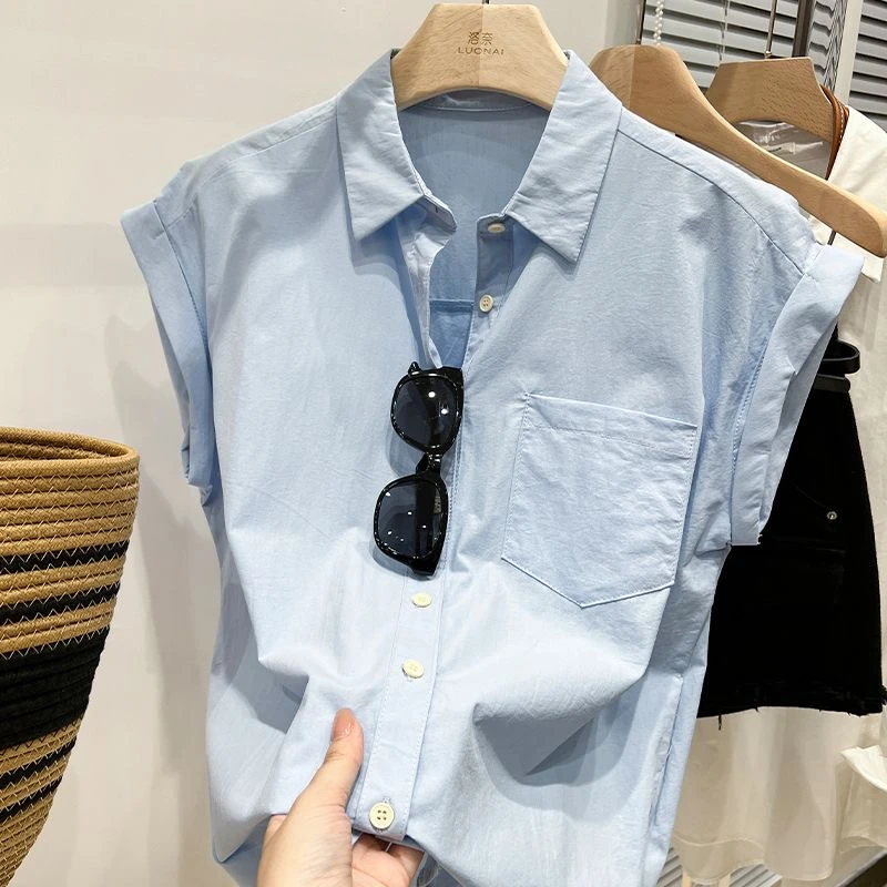欧货浅蓝色衬衫女设计感小众夏季2023年新款洋气小衫短袖上衣衬衣