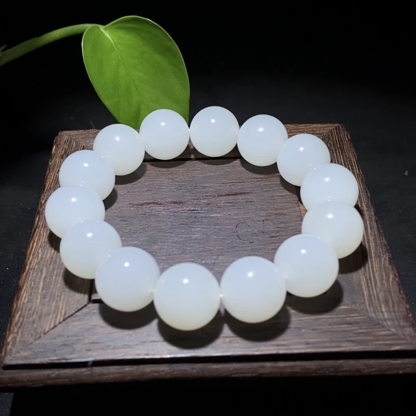 精品和田玉 羊脂级白玉单圈手串 圆珠15mm精美玉手串