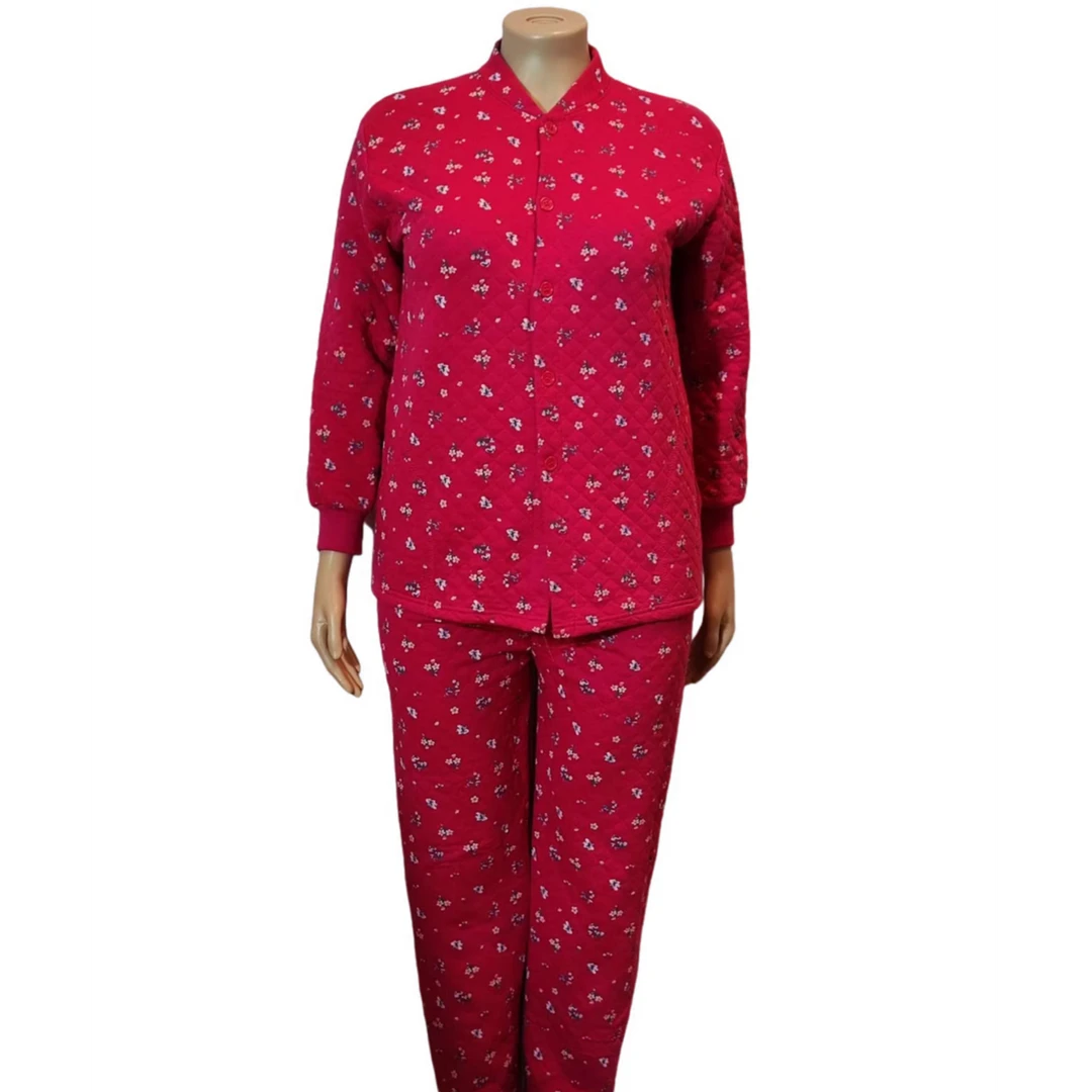 中老年女士三层保暖全棉印花加厚套装宽松肥大高腰大码休闲纯棉