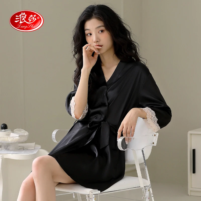 浪莎性感睡袍女夏季薄款冰丝七分袖晨袍浴袍夏天仿真丝绸蕾丝睡衣