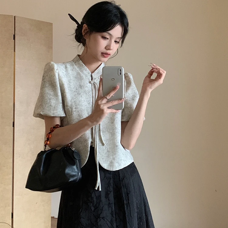 新中式国风立领盘扣衬衫上衣女装夏季设计感小众气质复古扎染小衫