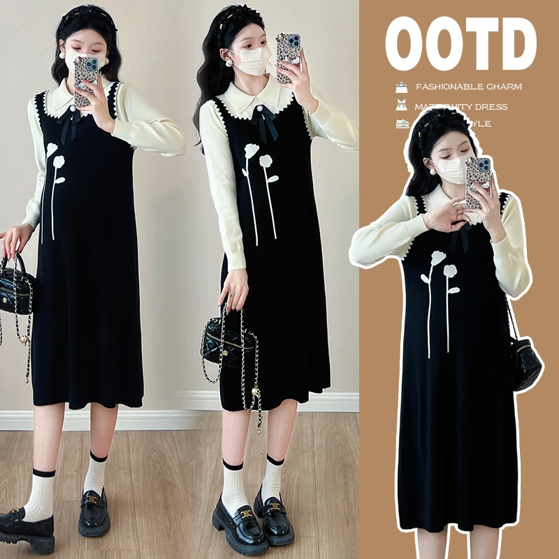 秋冬新款毛衣大码黑色针织裙秋冬假两件长款微胖mm连衣裙