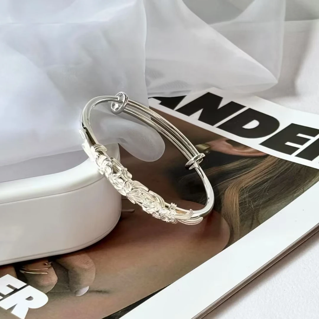 足银手镯 【A826】23g999.9萱草花气质轻奢时尚百搭复古推拉手镯