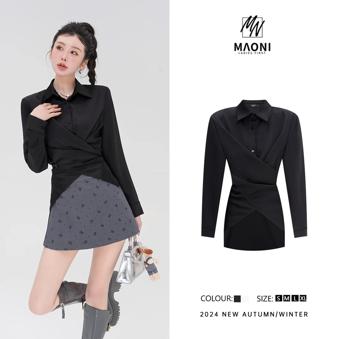 毛妮Peshe【韩系拿捏】高智淡人高腰褶皱收腰气质长袖修身衬衫D9514