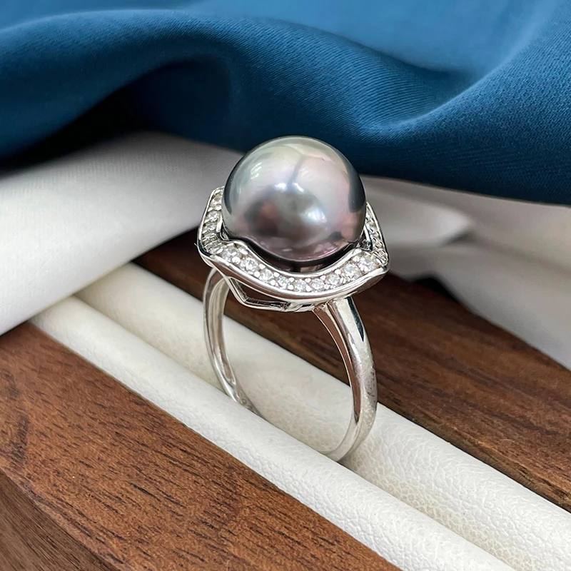 方糖款11-12mm大溪地黑珍珠戒指925银开口精致时尚海水多样性发一