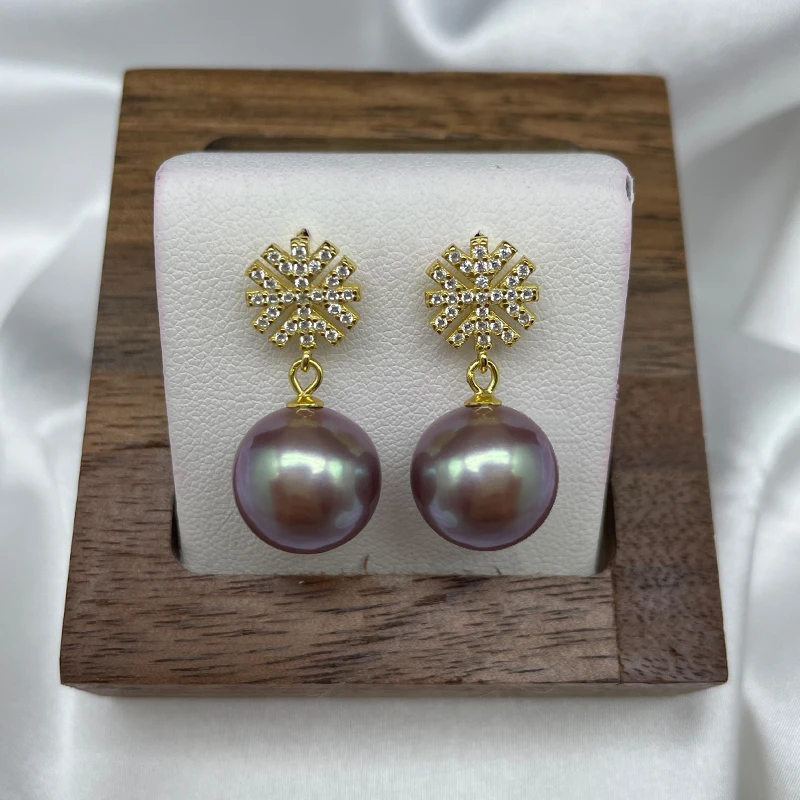 雪花款10-13mm紫色天然爱迪生珍珠耳环925银耳坠耳饰多样性发一