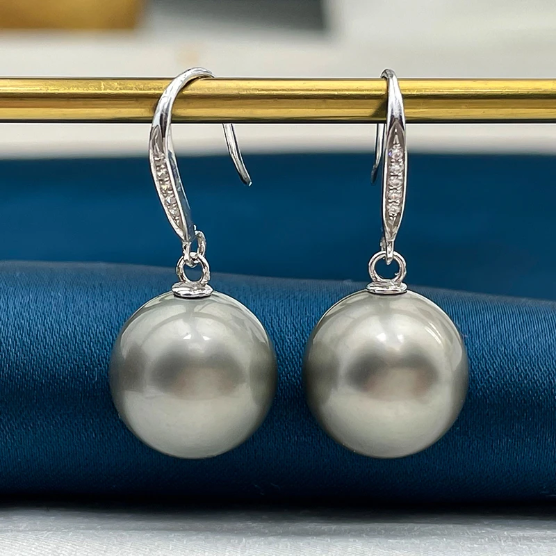 18k金铂金灰大溪地黑珍珠耳环耳钩11-12mm海水经典百搭多样性发一