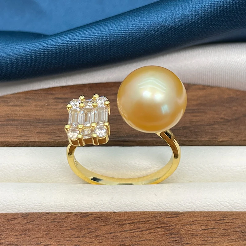 10-13mm南洋金珠海水珍珠戒指开口手饰干枯色圆形多样性发一