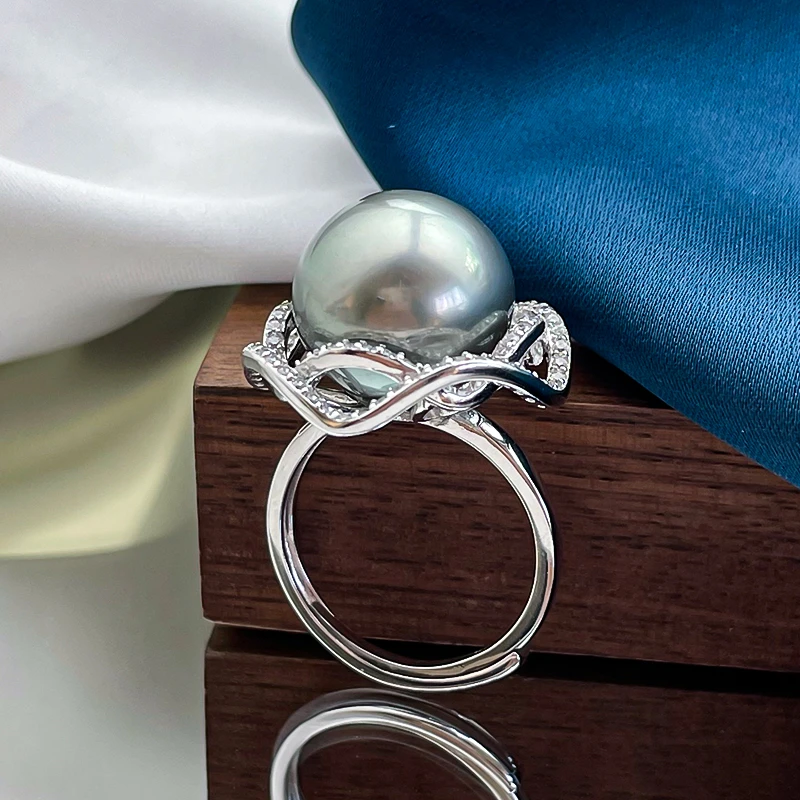 12-13mm大溪地黑珍珠戒指925银开口戒圈铂金灰时尚大气多样性发一