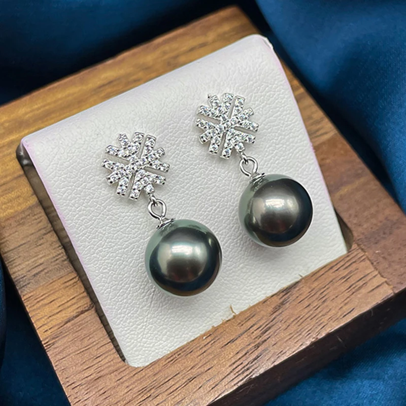 雪花款大溪地黑珍珠耳环耳钉耳坠10-12mm海水耳饰925银多样性发一