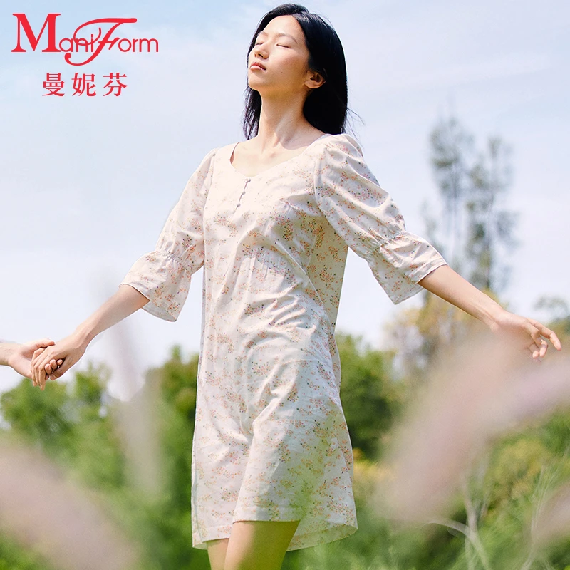 曼妮芬印花钻石领裙装气质女舒适家居服春夏薄款睡衣碎花20310846