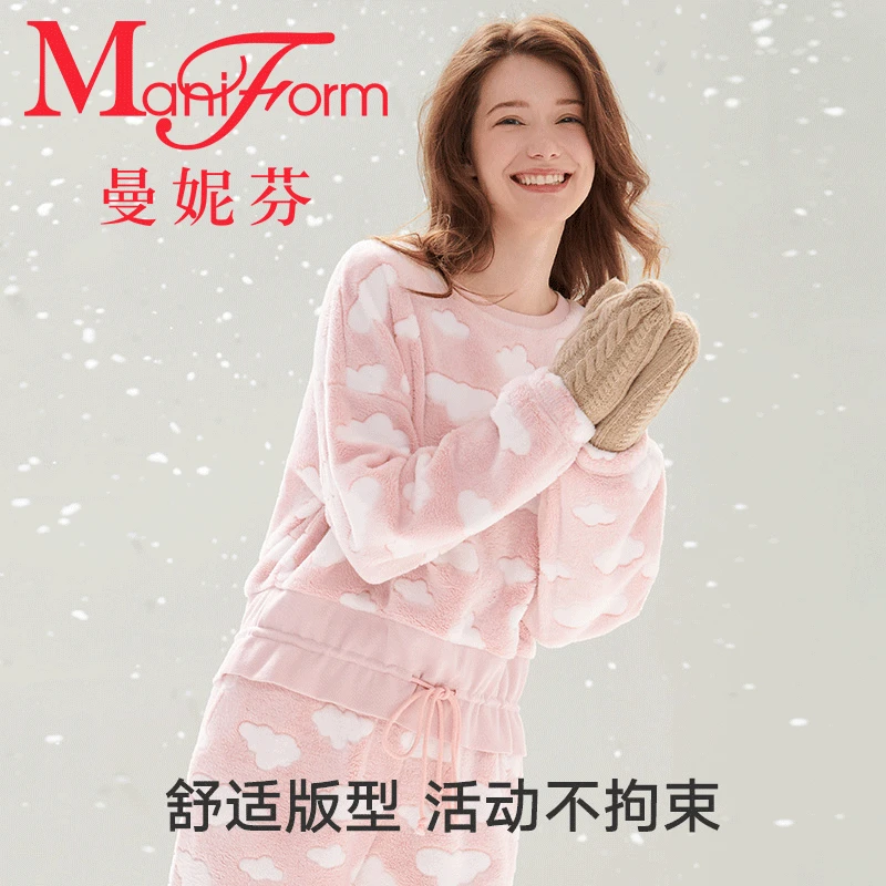 曼妮芬法兰绒厚款女士家居套装舒适暖冬季睡衣20320526