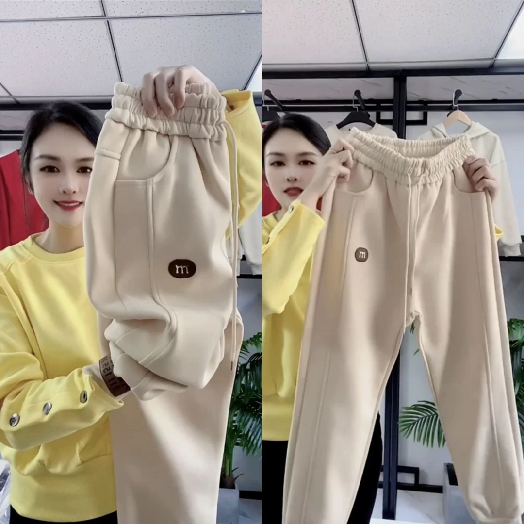 卫裤加绒加厚女秋冬款韩版宽松显瘦哈伦裤卡其色裤子高档百搭休闲