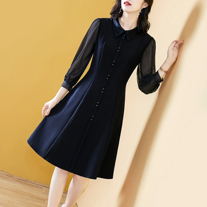 女春秋新款法式赫本风千金名媛气质收腰显瘦长袖小黑裙礼服连衣裙