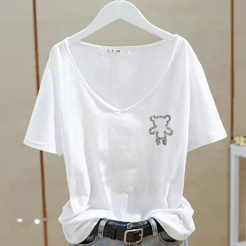 夏季新款纯棉白色V领短袖t恤女洋气宽松简约百搭烫钻半袖上衣打底