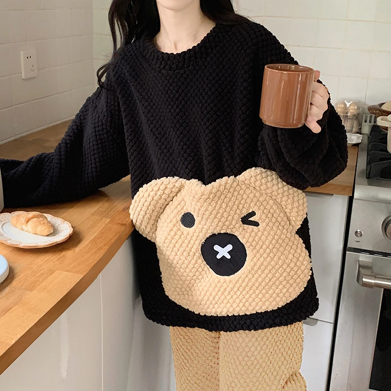 【工厂澈柜】珊瑚绒睡衣女秋冬季加厚加绒可爱小熊家居服男女可穿
