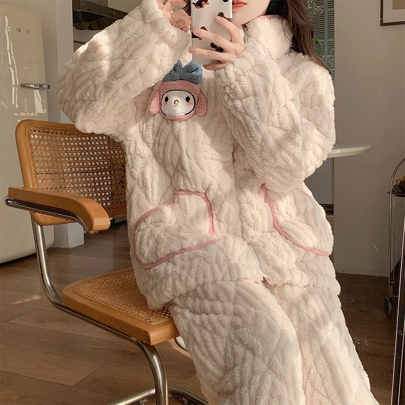 【工厂直销】珊瑚绒睡衣女秋冬季三层加厚夹棉可爱家居服两件套装