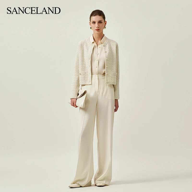 SANCELAND/三石一澜秋粗纺短款小香风毛衫开衫SI35501026