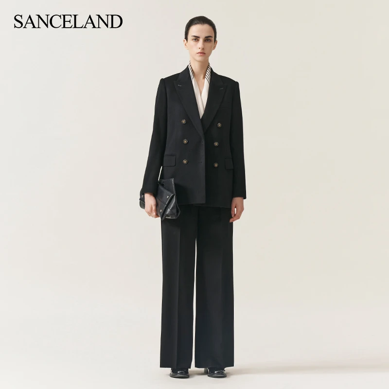 SANCELAND三石一澜冬新品骆驼绒西服双排扣戗驳领西装SI45102080
