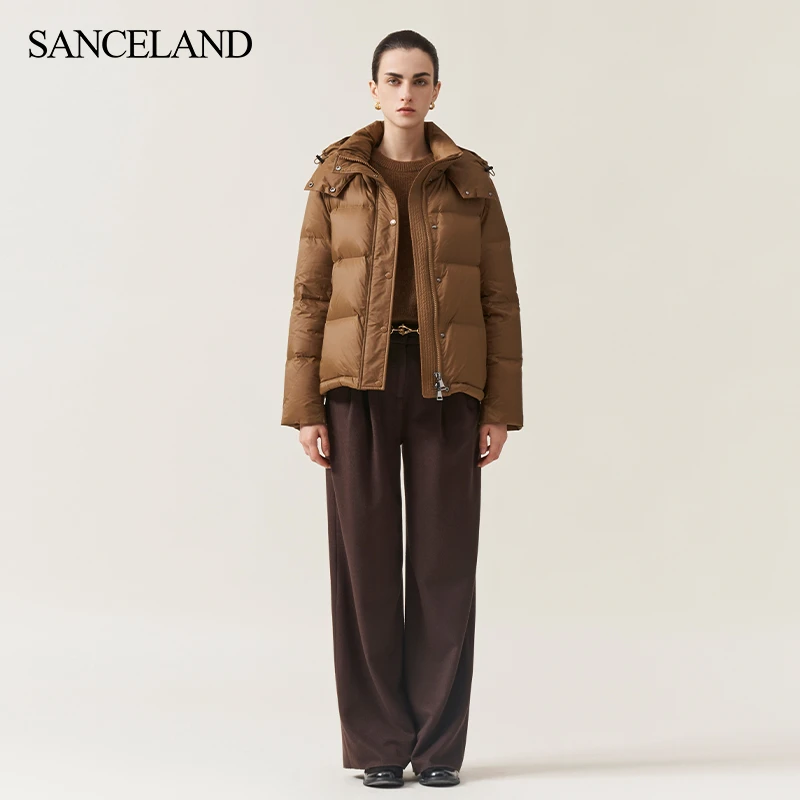 SANCELAND/三石一澜H型保暖翻领带帽白鹅绒羽绒服SI48101008