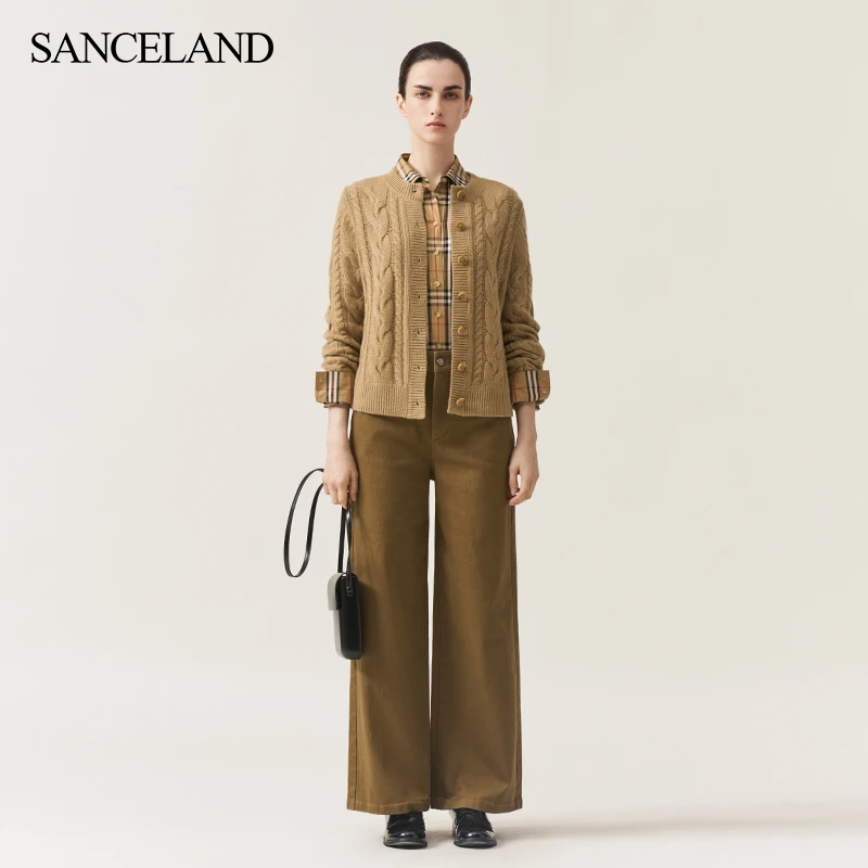 SANCELAND三石一澜冬新品粗纺羊绒衫复古麻花毛衫开衫SI45501001