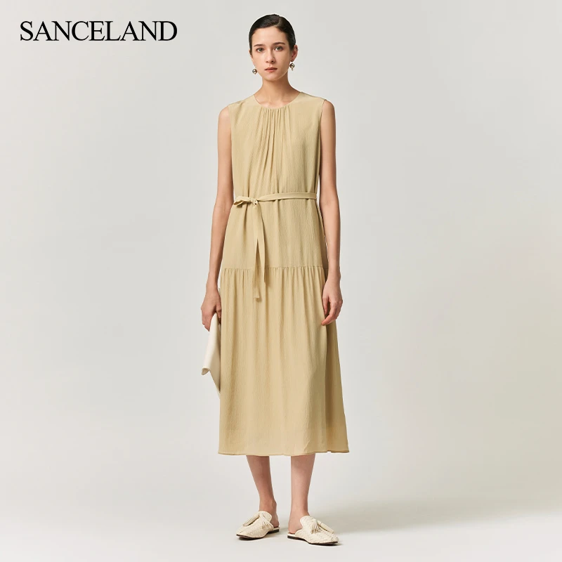 SANCELAND/三石一澜顺纡绉真丝圆领无袖连衣裙附腰带SI24104046